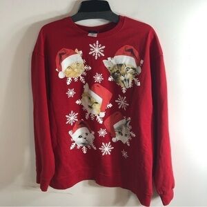 Cat Santa Clause Sweatshirt Fifth Sun XL Red White Christmas Snow Flake